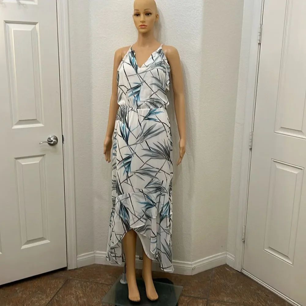 White House Black Market Sz 2 V Neck Ruffle Sleeveless Maxi Summer Floral Lined